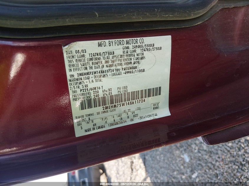 2004 Mercury Grand Marquis Ls VIN: 2MEHM75W14X611724 Lot: 45248350