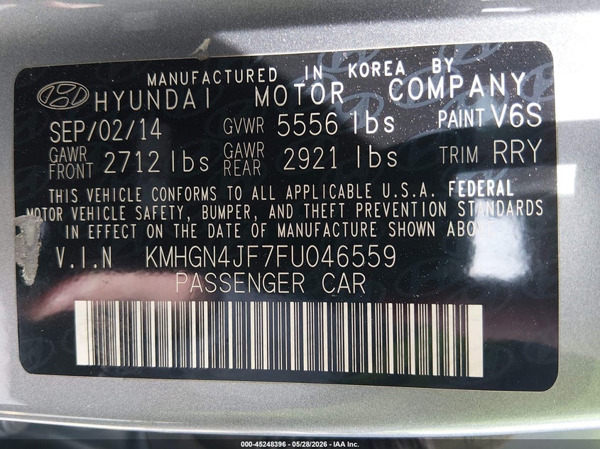 2015 Hyundai Genesis 5.0 VIN: KMHGN4JF7FU046559 Lot: 45248396