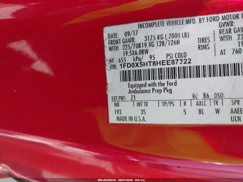 2017 Ford F-550 Chassis Xlt red Lot 111045248416 Vin 1FD0X5HT8HEE87322