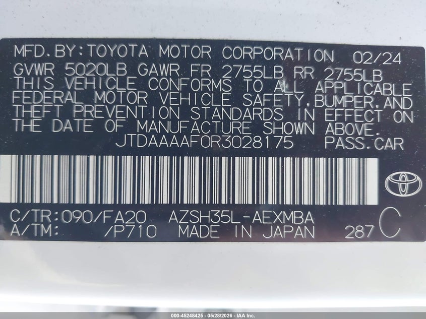 2024 Toyota Crown Xle VIN: JTDAAAAF0R3028175 Lot: 45248425