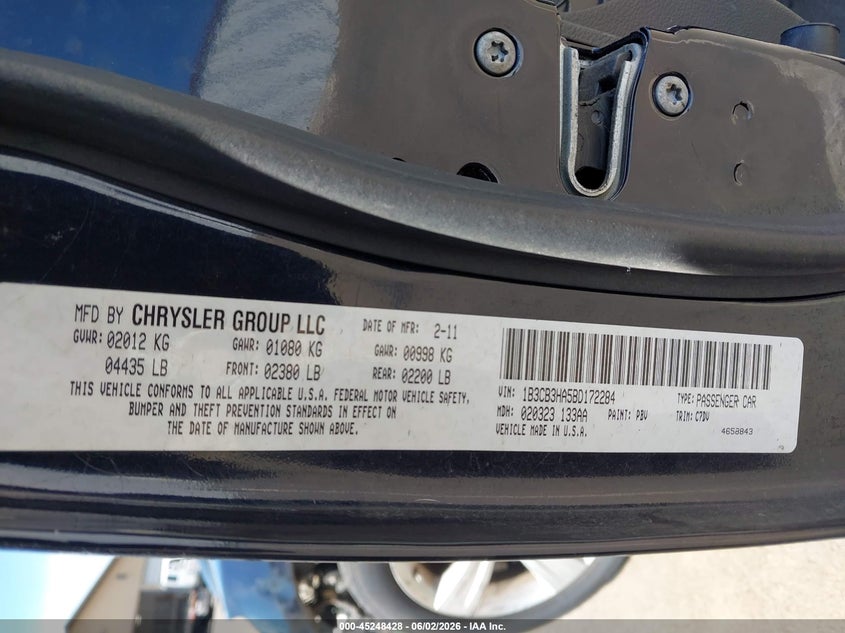 2011 Dodge Caliber Mainstreet VIN: 1B3CB3HA5BD172284 Lot: 45248428