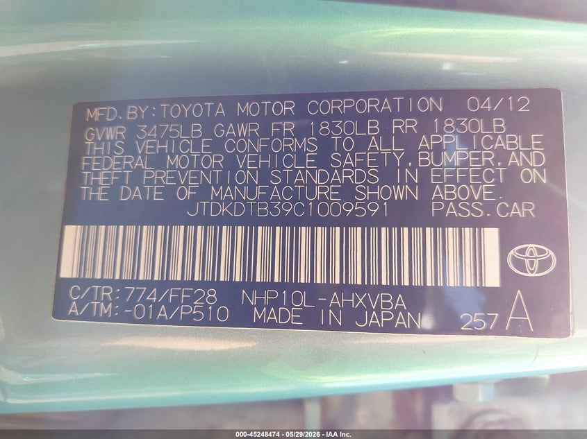 2012 Toyota Prius C Two VIN: JTDKDTB39C1009591 Lot: 45248474