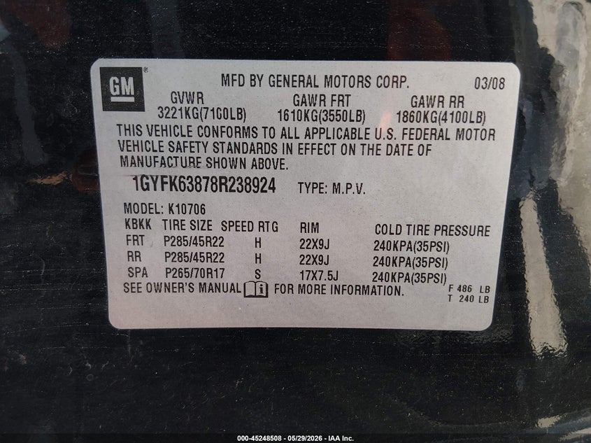 2008 Cadillac Escalade Standard VIN: 1GYFK63878R238924 Lot: 45248508