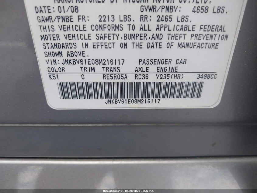 2008 Infiniti G35 Journey VIN: JNKBV61E08M216117 Lot: 45248519