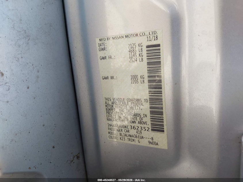 2019 Nissan Maxima 3.5 Platinum VIN: 1N4AA6AV0KC362352 Lot: 45248527