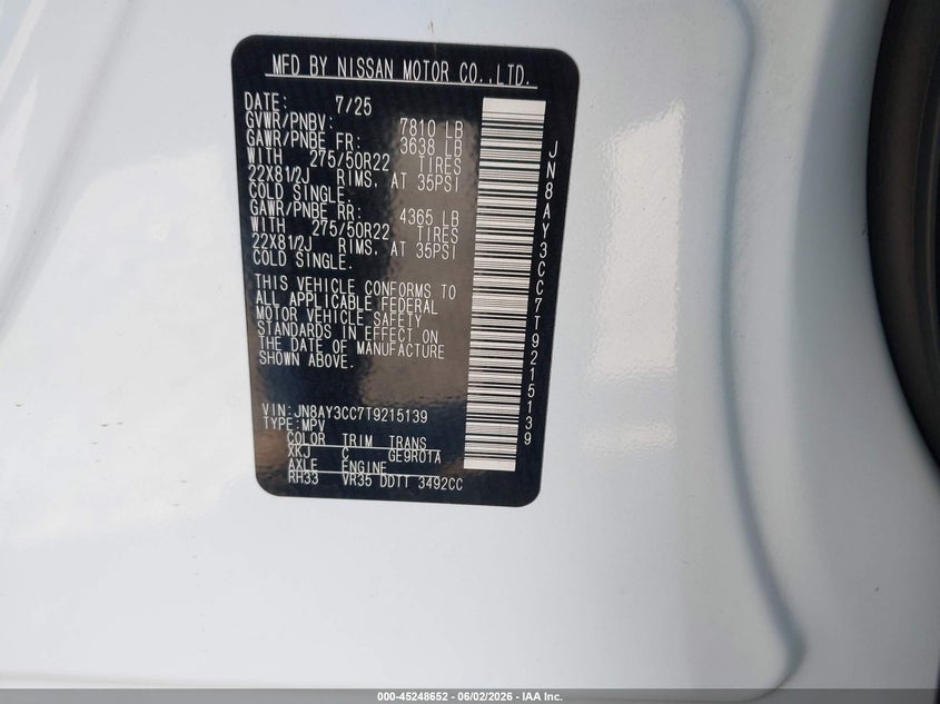 2026 Nissan Armada Platinum Reserve VIN: JN8AY3CC7T9215139 Lot: 45248652