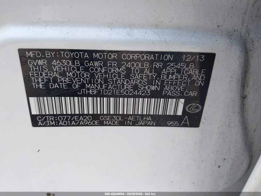 2014 Lexus Is 250 VIN: JTHBF1D21E5024423 Lot: 45248654
