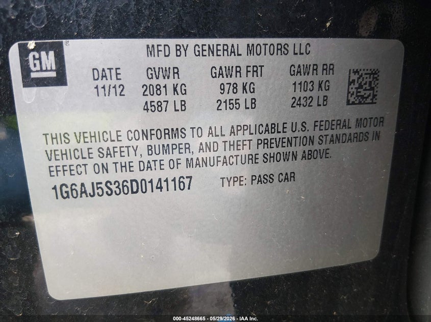 2013 Cadillac Ats Performance VIN: 1G6AJ5S36D0141167 Lot: 45248665