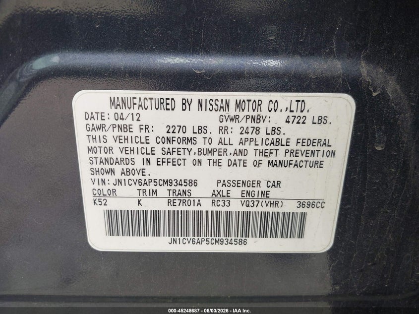 2012 Infiniti G37 Journey VIN: JN1CV6AP5CM934586 Lot: 45248687