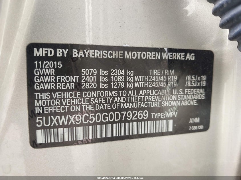 2016 BMW X3 xDrive28I VIN: 5UXWX9C50G0D79269 Lot: 45248764