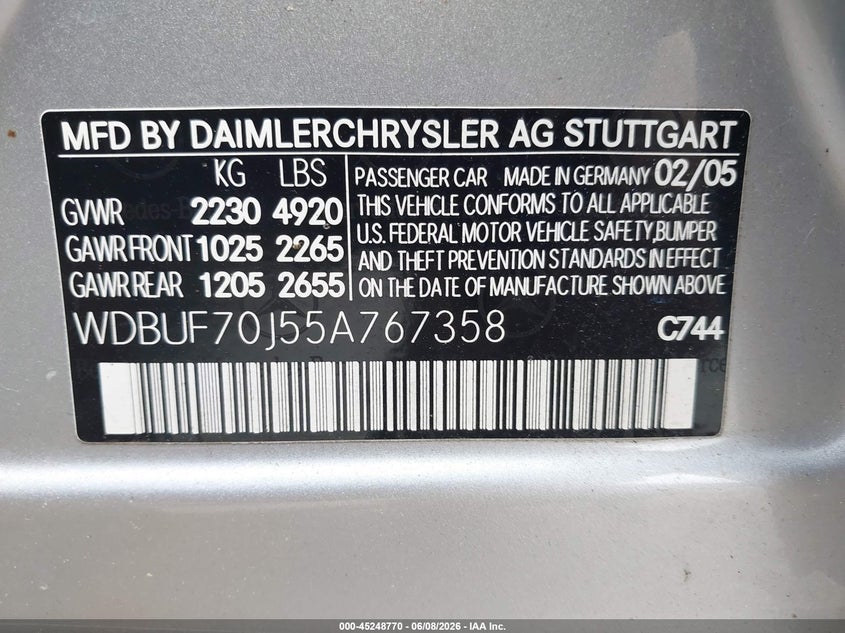 2005 Mercedes-Benz E 500 VIN: WDBUF70J55A767358 Lot: 45248770