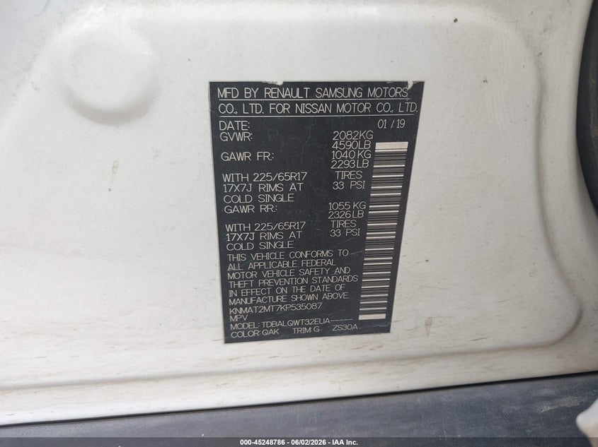 VIN KNMAT2MT7KP535087 2019 NISSAN ROGUE SV