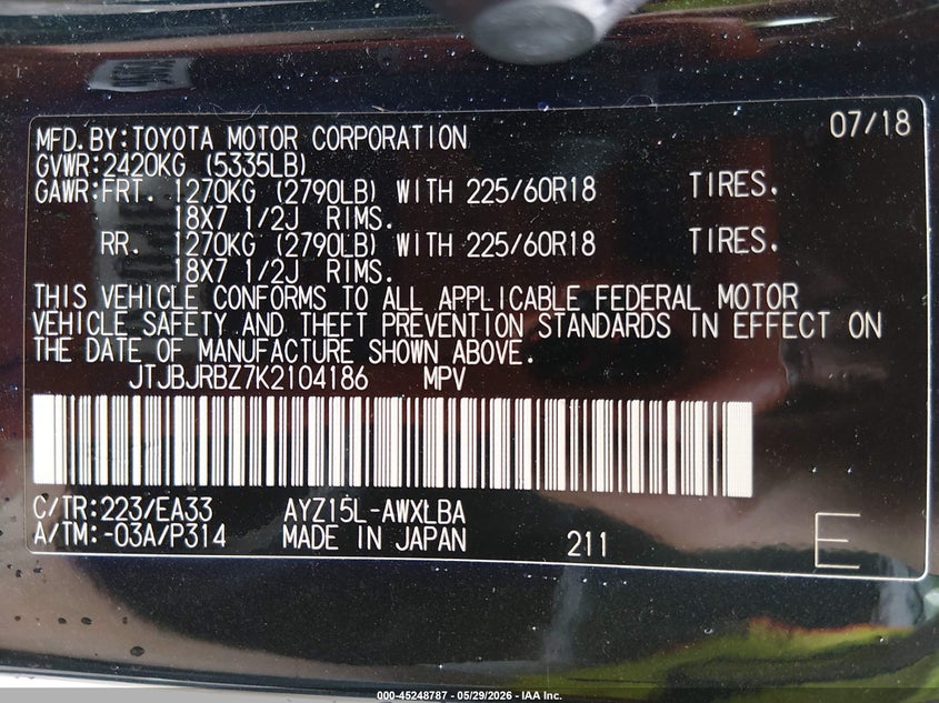 2019 Lexus Nx 300H VIN: JTJBJRBZ7K2104186 Lot: 45248787