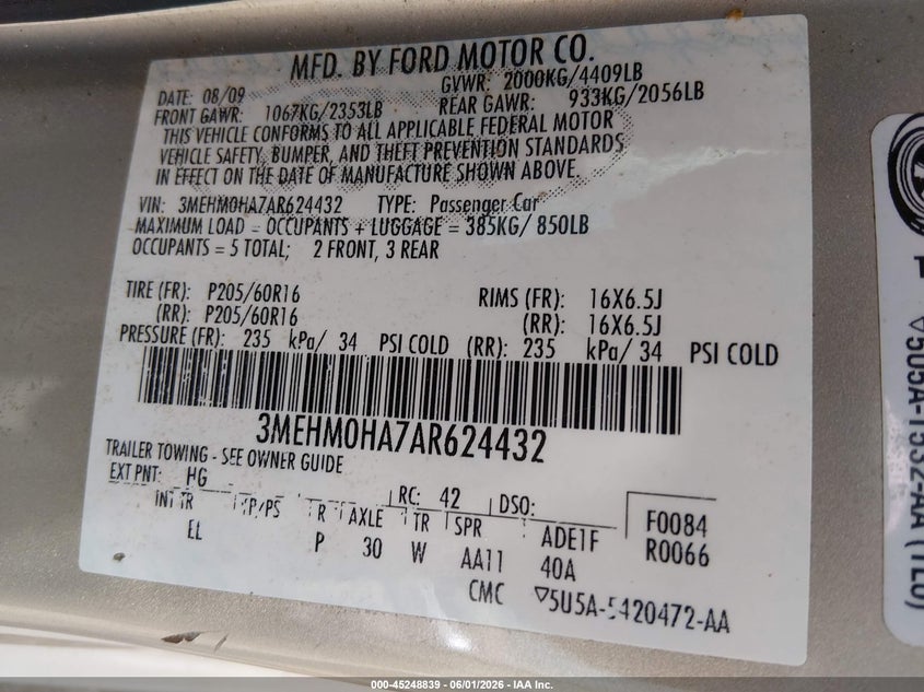 2010 Mercury Milan VIN: 3MEHM0HA7AR624432 Lot: 45248839