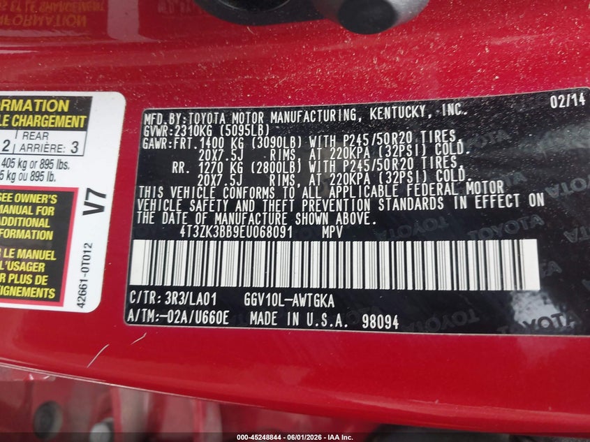 2014 Toyota Venza Xle V6 VIN: 4T3ZK3BB9EU068091 Lot: 45248844