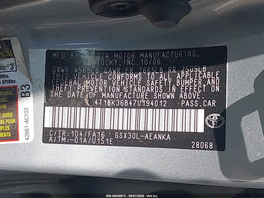 2007 Toyota Avalon Xl VIN: 4T1BK36B47U194012 Lot: 45248873