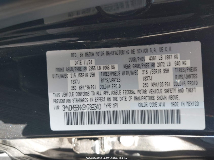 MAZDA CX-30 2025 VIN 3MVDMBBMXSM789340