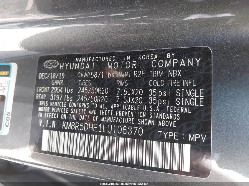 2020 Hyundai Palisade Limited VIN: KM8R5DHE1LU106370 Lot: 45248934