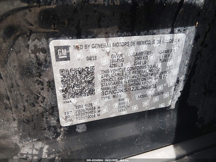 2018 Chevrolet Trax Ls VIN: 3GNCJKSB2JL366901 Lot: 45248984