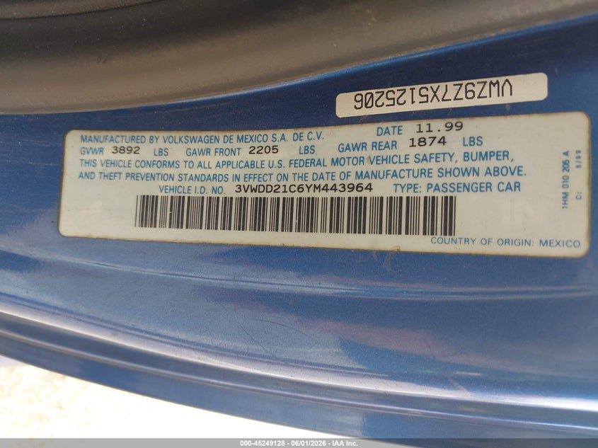 2000 Volkswagen New Beetle Glx VIN: 3VWDD21C6YM443964 Lot: 45249128