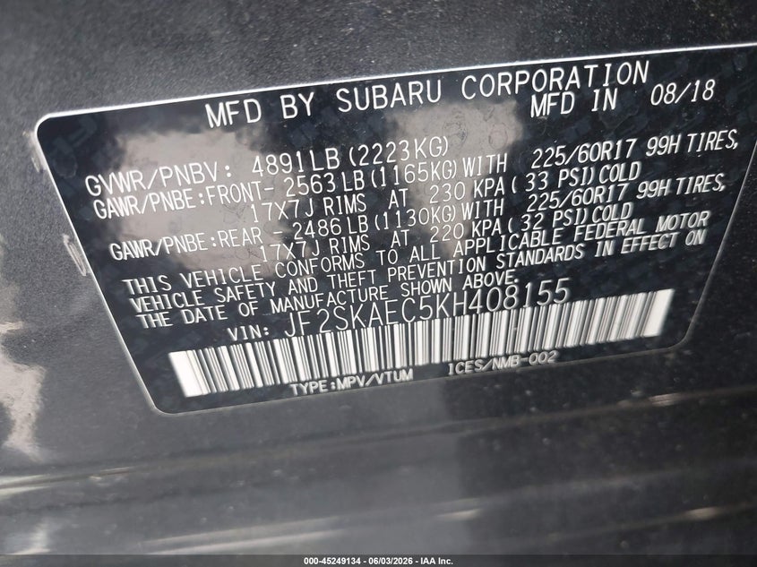 2019 Subaru Forester Premium VIN: JF2SKAEC5KH408155 Lot: 45249134