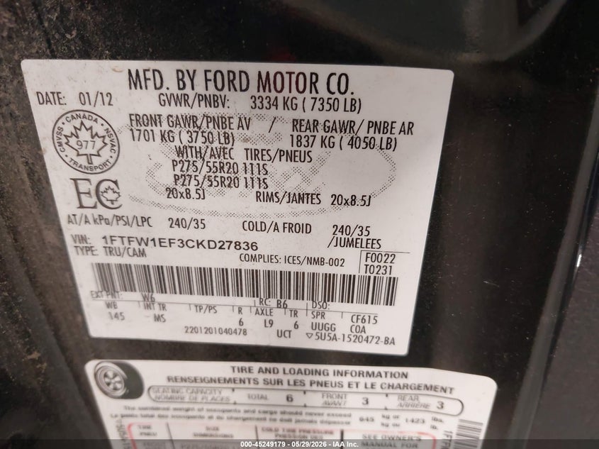 2012 Ford F-150 5.0 Xlt black Lot 111045249179 Vin 1FTFW1EF3CKD27836