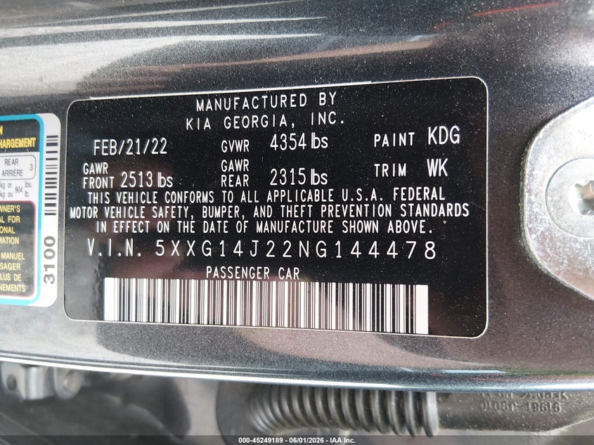 2022 Kia K5 Lxs VIN: 5XXG14J22NG144478 Lot: 45249189