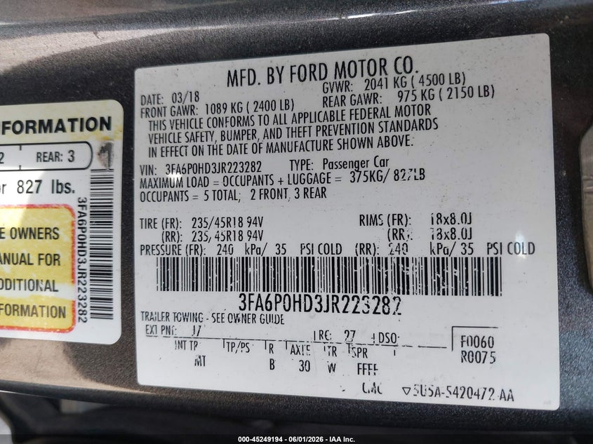 2018 FORD FUSION SEDAN 1.5L I-4 DI, DOHC, VVT, TURBO, 181HP