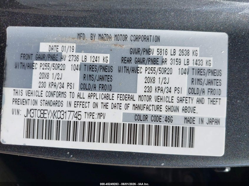 2019 Mazda Cx-9 Signature VIN: JM3TCBEYXK0317745 Lot: 45249283