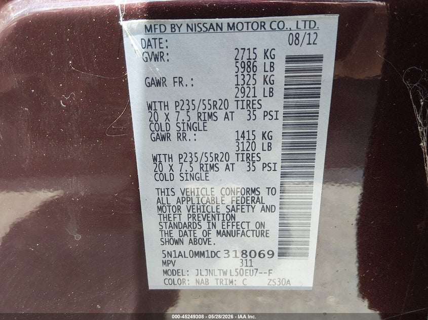 2013 Infiniti Jx35 VIN: 5N1AL0MM1DC318069 Lot: 45249308
