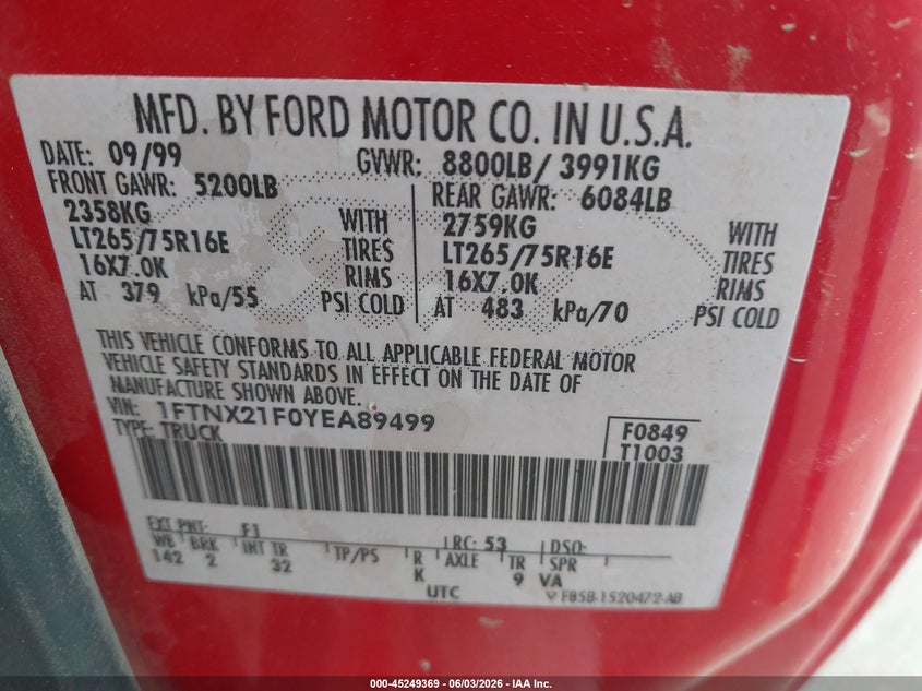2000 Ford F-250 Lariat/Xl/Xlt VIN: 1FTNX21F0YEA89499 Lot: 45249369