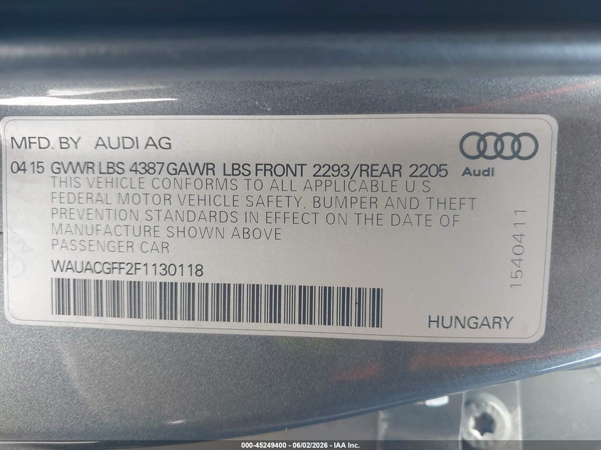 2015 Audi A3 1.8T Premium VIN: WAUACGFF2F1130118 Lot: 45249400