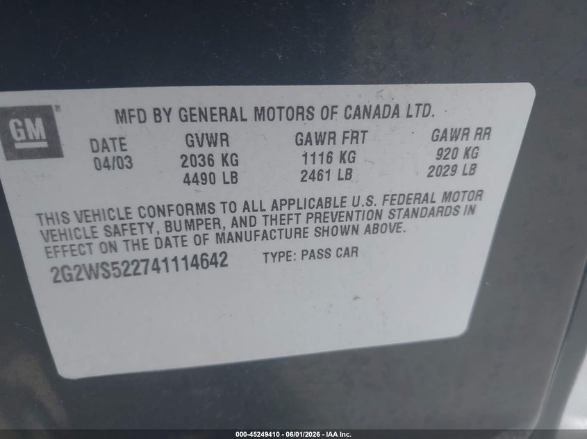 2004 Pontiac Grand Prix Gt2 VIN: 2G2WS522741114642 Lot: 45249410