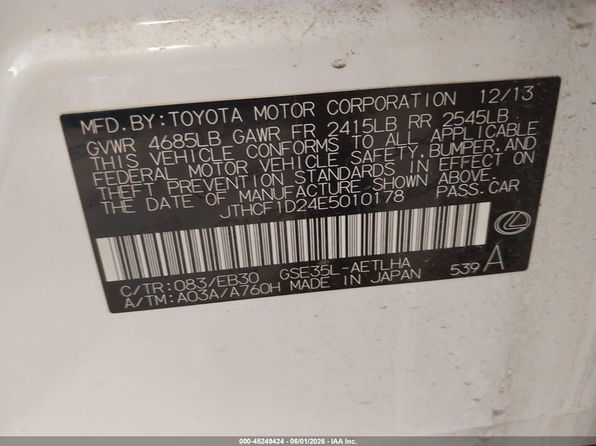 2014 Lexus Is 250 VIN: JTHCF1D24E5010178 Lot: 45249424