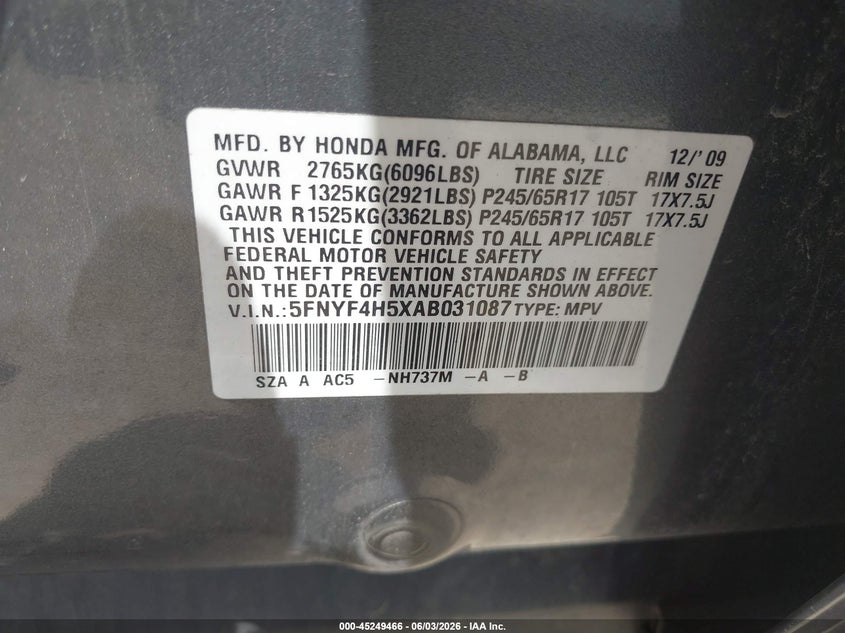 2010 Honda Pilot 3.5 Ex-L grey Lot 111045249466 Vin 5FNYF4H5XAB031087