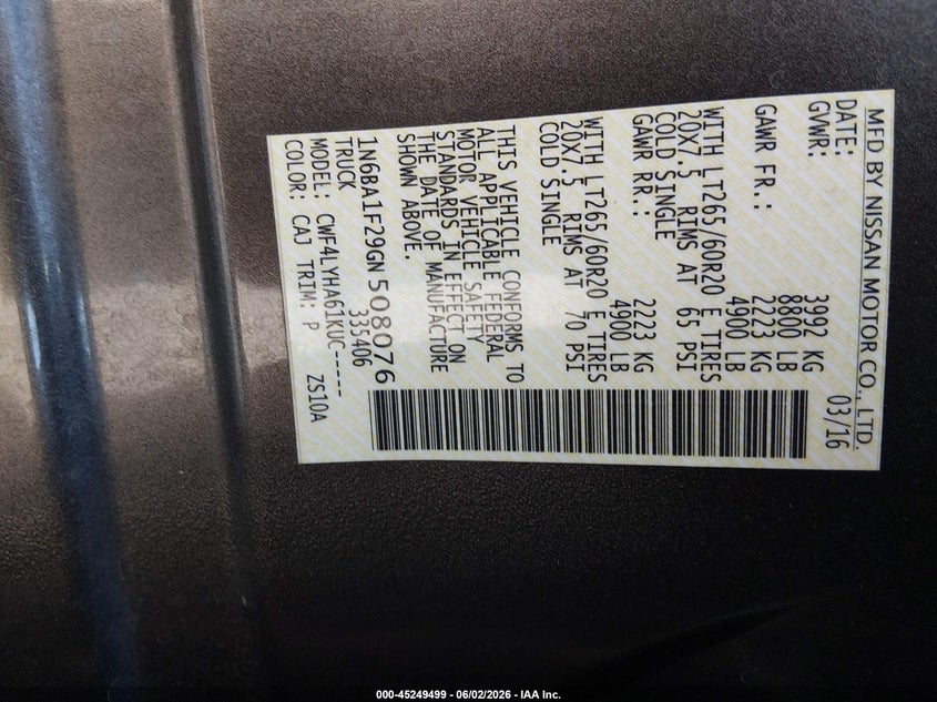 2016 Nissan Titan Xd Platinum Reserve Diesel VIN: 1N6BA1F29GN508076 Lot: 45249499