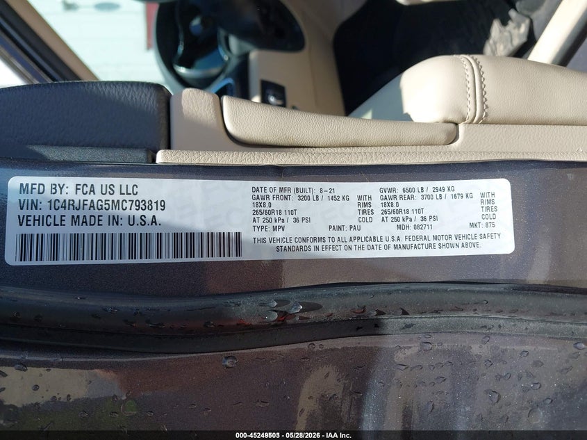 2021 JEEP GRAND CHEROKEE 3.6L V-6 DOHC, VVT, (VIN: 1C4RJFAG5MC793819