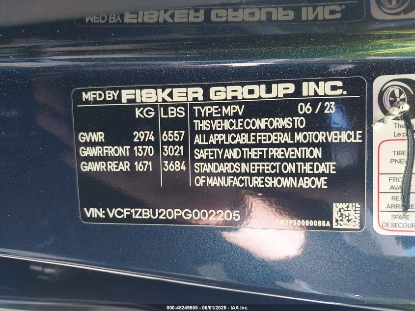 2023 Fisker Ocean One VIN: VCF1ZBU20PG002205 Lot: 45249555
