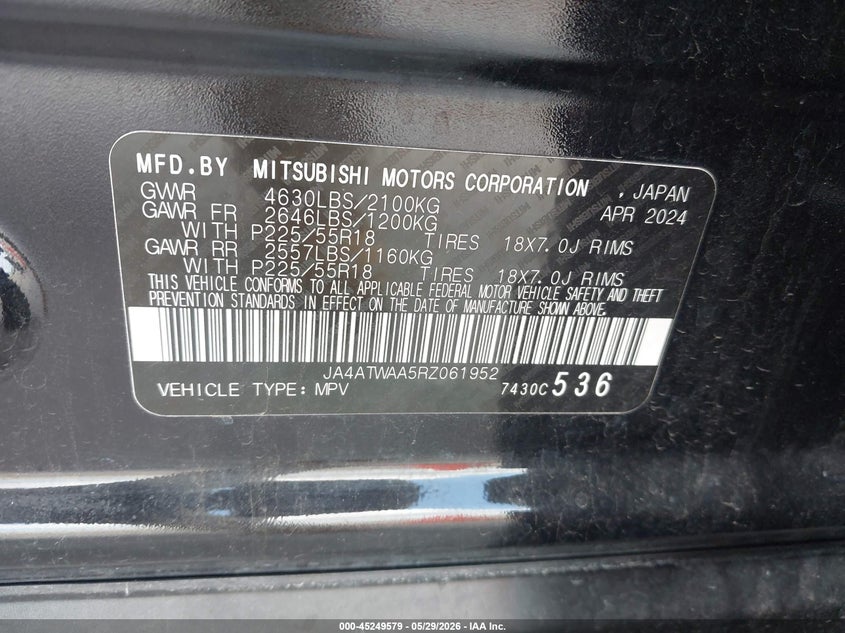 2024 Mitsubishi Eclipse Cross Se S-Awc/Sel S-Awc VIN: JA4ATWAA5RZ061952 Lot: 45249579