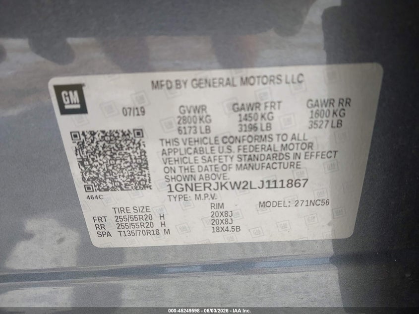 2020 Chevrolet Traverse Fwd Rs VIN: 1GNERJKW2LJ111867 Lot: 45249598