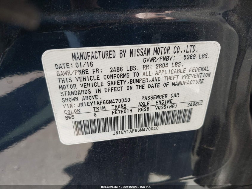 2016 Infiniti Q70H VIN: JN1EY1AP6GM470040 Lot: 45249637