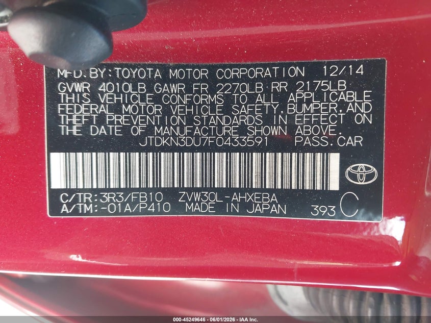 2015 TOYOTA PRIUS HATCHBACK 1.8L I-4 DOHC, VVT, 98HP