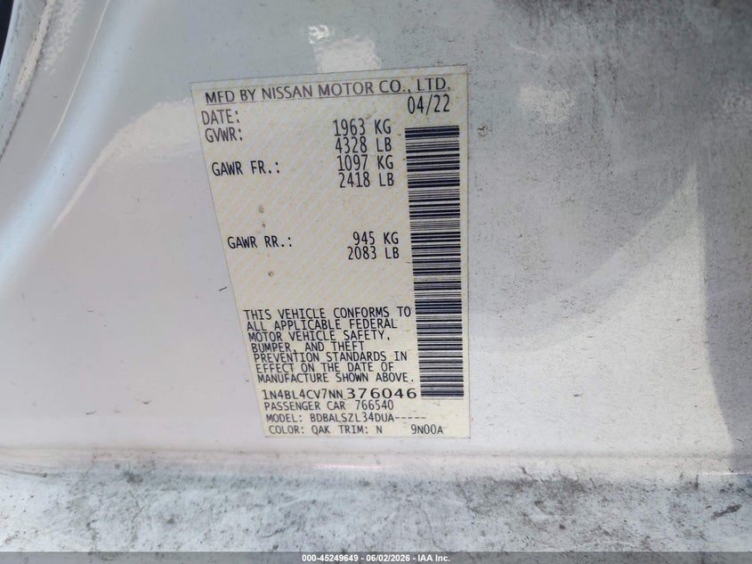 2022 Nissan Altima Sr Fwd VIN: 1N4BL4CV7NN376046 Lot: 45249649