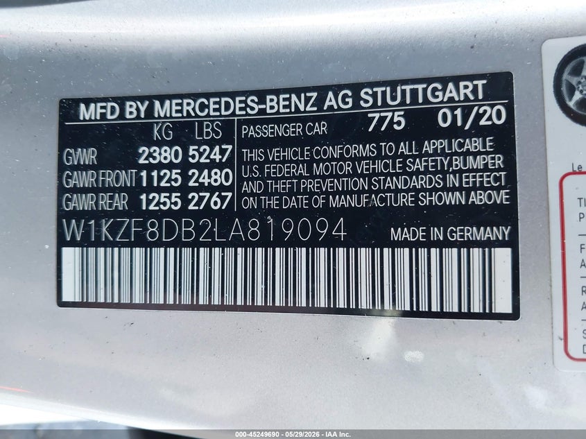 2020 Mercedes-Benz E 350 VIN: W1KZF8DB2LA819094 Lot: 45249690