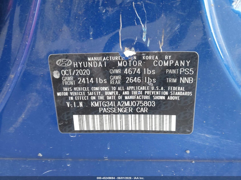 2021 Genesis G70 2.0T Rwd VIN: KMTG34LA2MU075803 Lot: 45249694