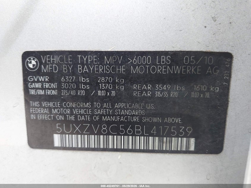 2011 BMW X5 xDrive50I VIN: 5UXZV8C56BL417539 Lot: 45249761