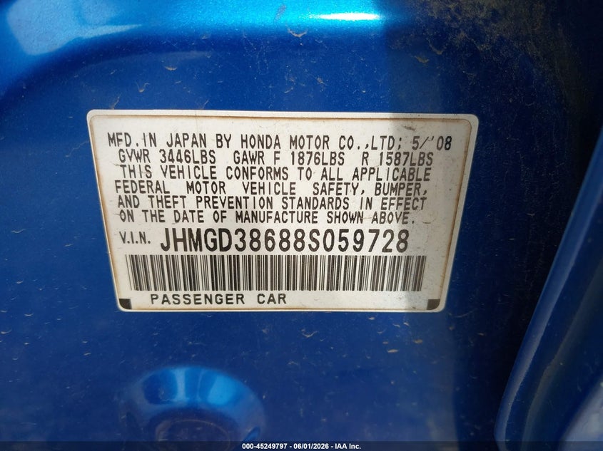 2008 Honda Fit Sport VIN: JHMGD38688S059728 Lot: 45249797