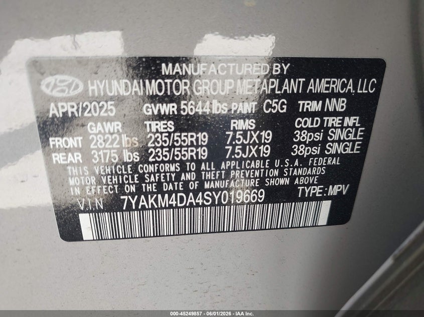 2025 Hyundai Ioniq 5 Se VIN: 7YAKM4DA4SY019669 Lot: 45249857