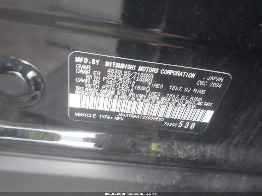 2025 Mitsubishi Eclipse Cross Sel S-Awc VIN: JA4ATWAA1SZ009692 Lot: 45249969