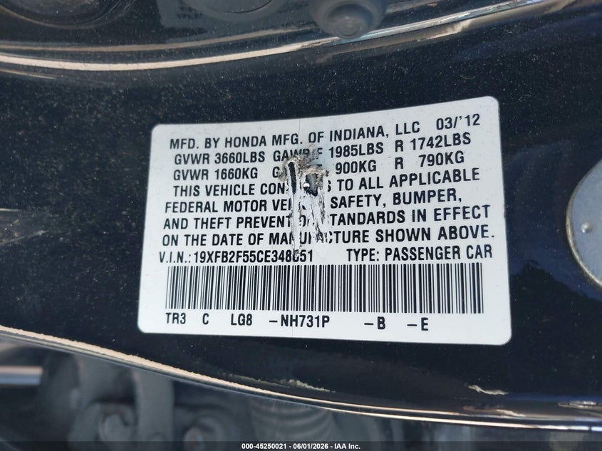 2012 Honda Civic 1.8 Lx Black Lot 111045250021 Vin 19XFB2F55CE348651
